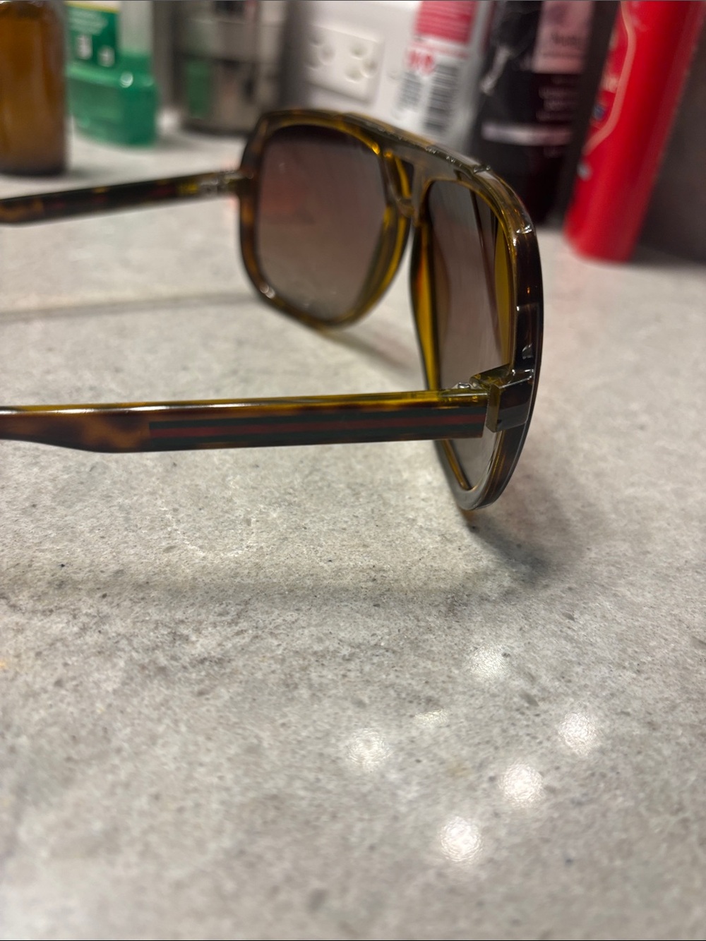 Gucci Tortoiseshell Sunglasses with Brown Lenses and Green-Red Temple Stripe - Picture 5 of 10